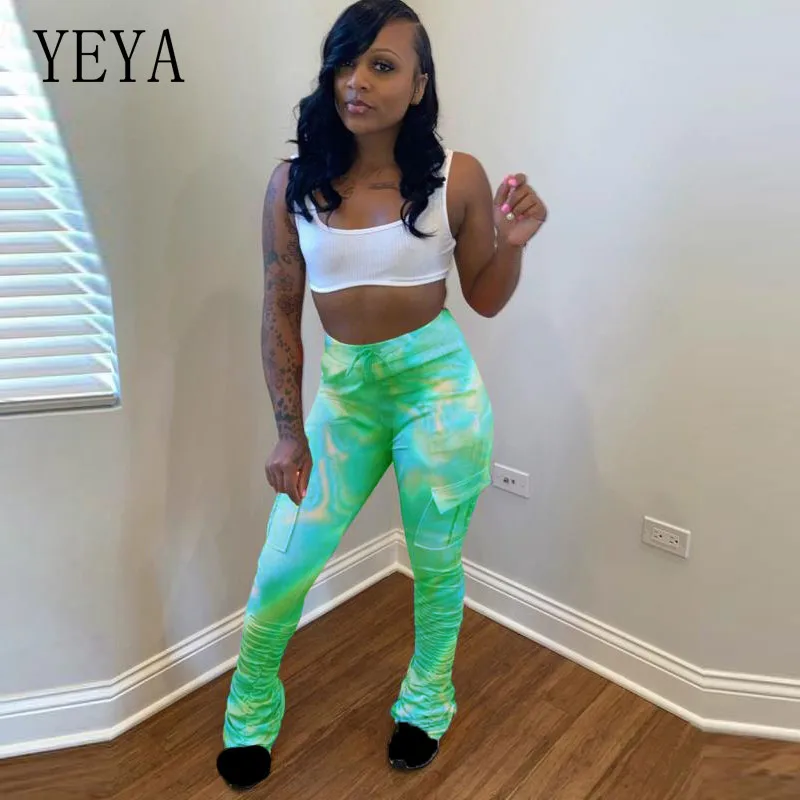 

YEYA Women Stacked Print Pants Leggings High Waist Flare Bell Bottom Ruched Stack Trousers Draped Pants Sweatpants