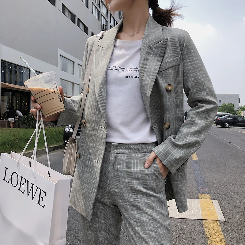 Retro Casual Plaid Ladies Blazer Gray Loose Stylish Simple Suit Jacket Blazer Paillette Korean Women's Clothing Spring MM60NXZ