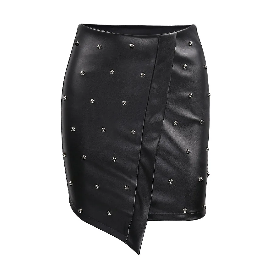 Искусственная кожа короткая юбка женская мода облегающая черная Сексуальная Мини юбка с заклепками уличная Высокая талия облегающая юбка карандаш