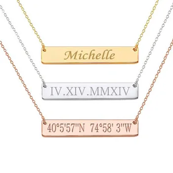 

Bar necklace, custom nameplate, wedding date, coordinates, Roman numeral necklace, 925 silver and 18K gold plated jewelry