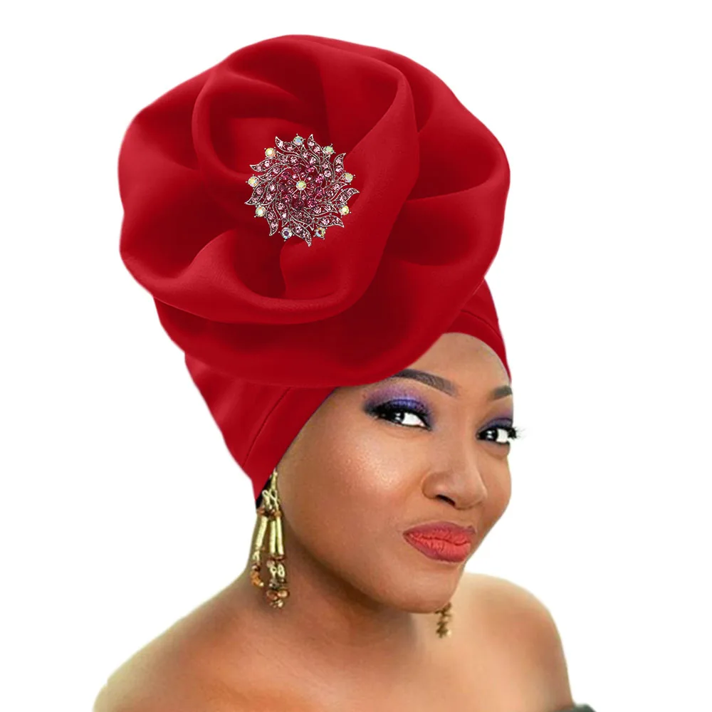 African headtie women auto gele stretch turban rose flower shape headwraps (9)