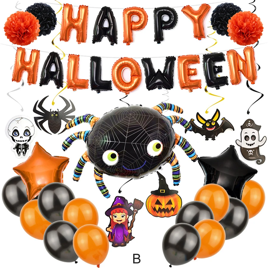 

3 sets Happy Halloween Balloons Set Pumpkin Spider Cat Owl Witch Foil Latex Balloon Banner Halloween Decoration Party Supplies