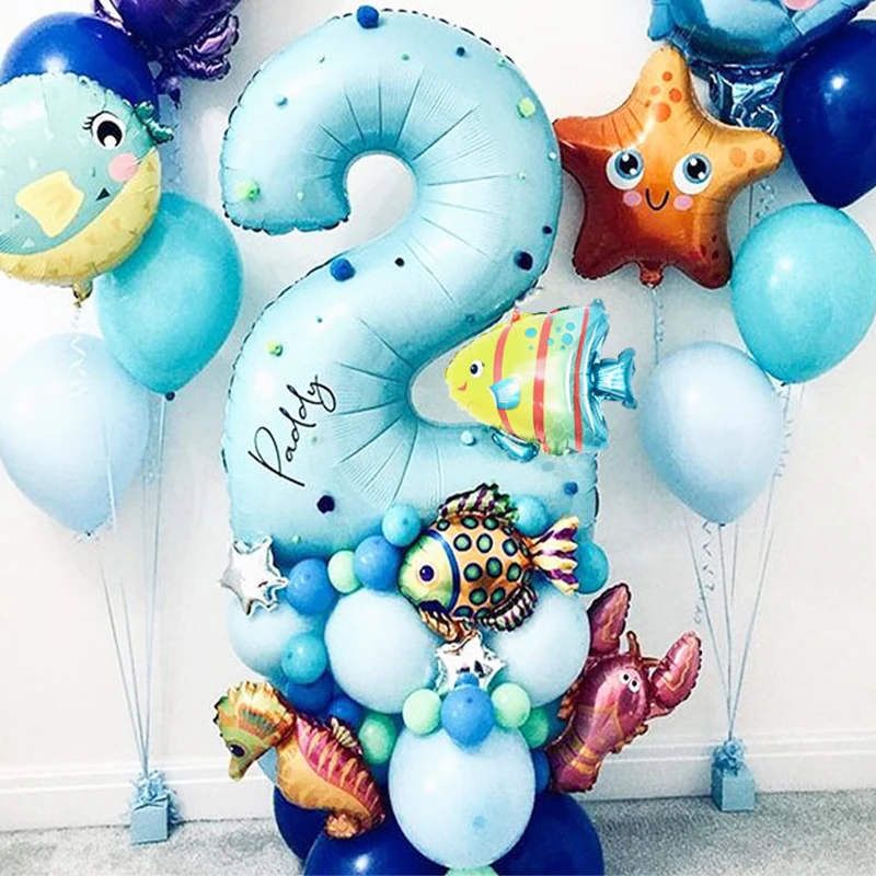 44pcs Under Sea Ocean World Animal Balloons Blue number balloon Sea Party  Theme Kids happy Birthday Party Decoration Baby Shower - AliExpress