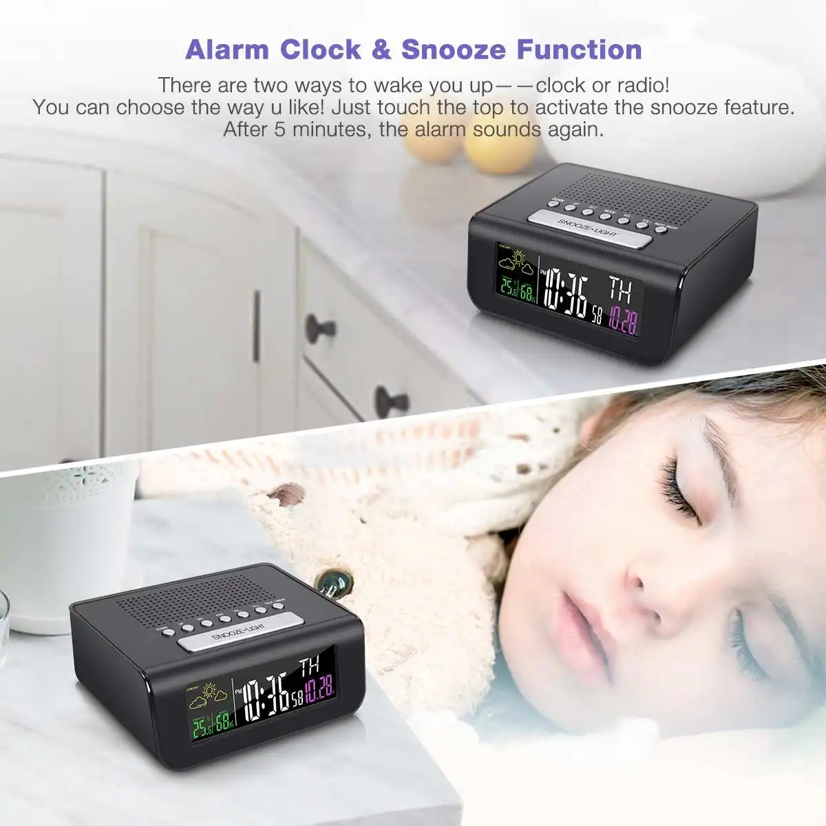 Digoo DG-FR100 Color Wireless FM Radio Clock Digital Snooze Dual-Alarm Clock Weather Forecast Calendar Temperature Humidity