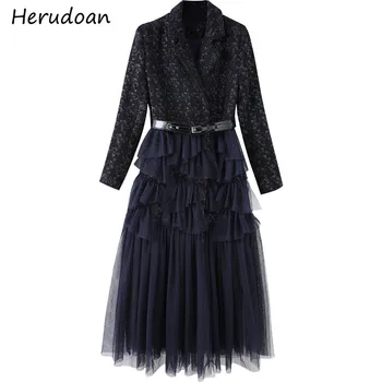 

Herudoan Spring Autumn Fashion Designer Mesh Party Dress Women Notched Sashes Patchwork High waist Ruffle Ladies Sexy Midi Dress