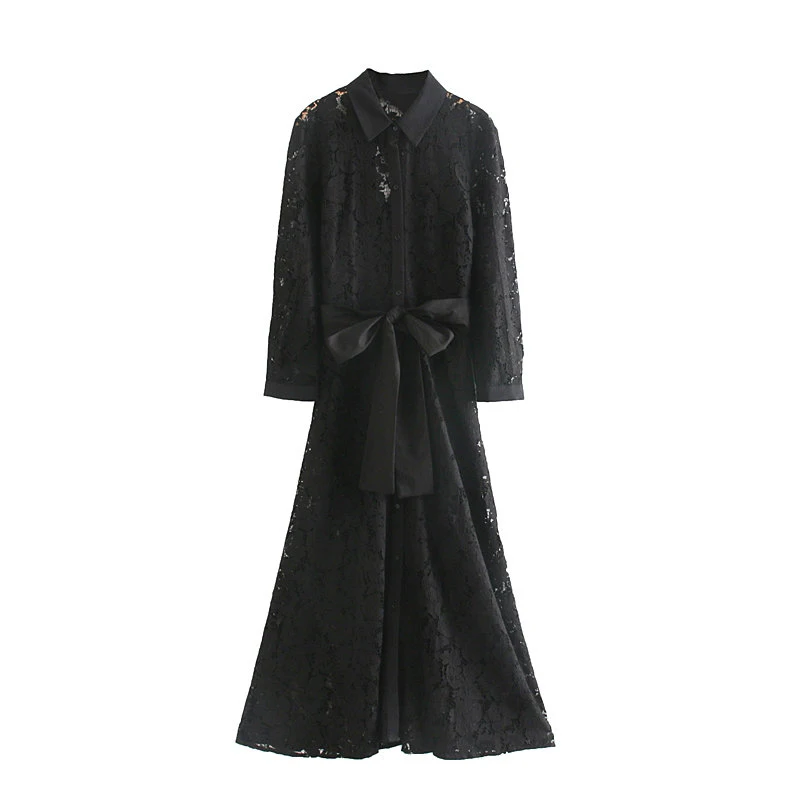 Осеннее женское Повседневное платье, однотонное кружевное платье с длинными рукавами и отворотом, украшенное поясом Vestidos - Цвет: Черный