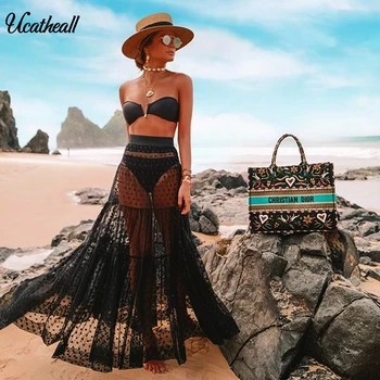 

Women Mesh Two Pieces Set Polka Dot See Through Transparent Shirts Tops + Skirts Linen Elastic Waist Pleated 2 Piece Dress Set