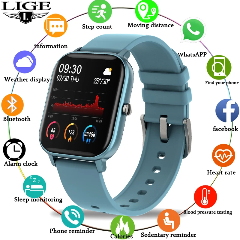 LIGE Fashion Smart Watch Men IPX7 Waterproof Fitness Tracker LED Full Screen Touch Heart Rate Monito