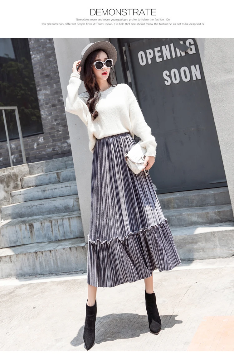 Винтажная бархатная юбка женская мода осень зима Корейская трапециевидная высокая талия миди Длинная женская плиссированная юбка