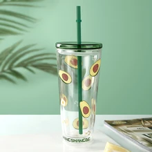 

600ML Double-Layer Glass Straw Cup With Straw And Lids Large Capacity Avocado Glass Transparent Juice Milk Tea Coffee Mug