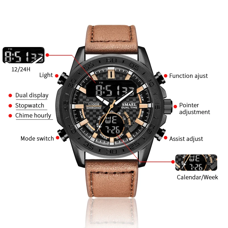 SMAEL модные мужские часы с двойным дисплеем мужские военные спортивные цифровые наручные часы деловые кожаные кварцевые часы Reloj Hombre