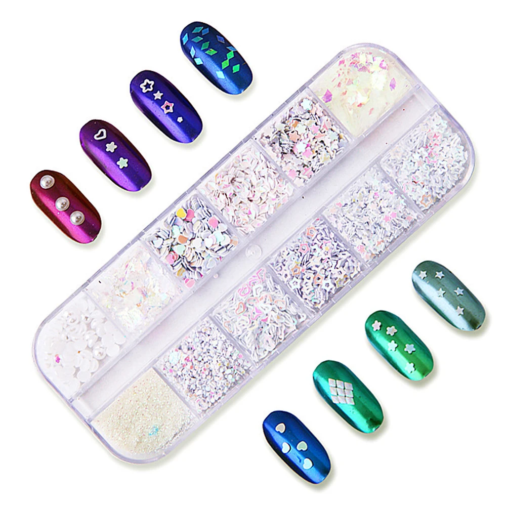 12 Colors/box Nail Art Holographic Sequins Glitter Flakes UV Gel Nail Polish Heart Star Self-adhesive Nail Art DIY Nail Decor