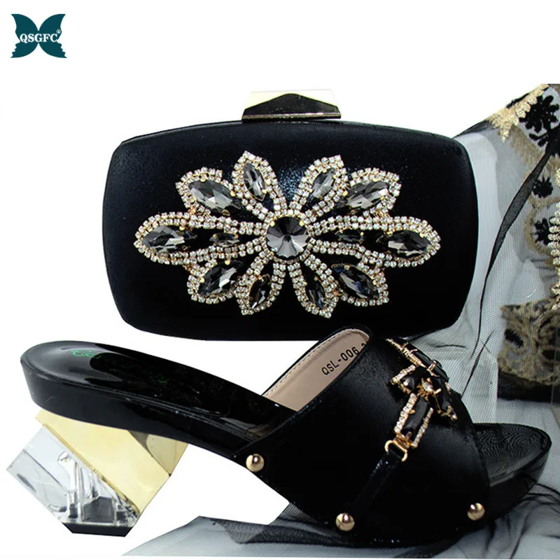 

New Arrival Black Color African Women Italian design Shoes and Bag Set Decorated with Rhinestones Wedding Ladies Shoes and Bag