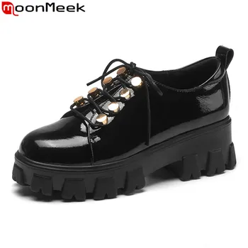 

MoonMeek New Brand fashion women pumps genuine leather black color platform shoes woman square heels round toe casual shoes