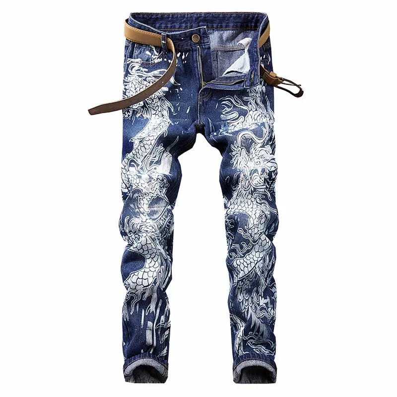 

KIOVNO Men's Painted Casual Denim Pants Dragon Printed Jeans Pants For Male Hip Hop