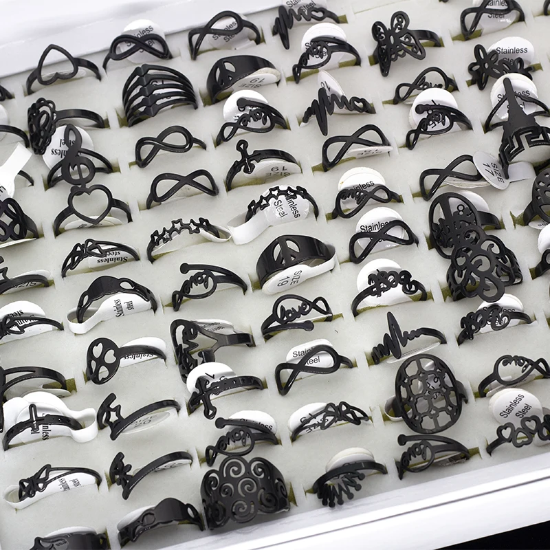 50Pcs/lot Mix Random Style Laser Cut Pattern Golden Color Stainless Steel Rings Women Party Ring 4
