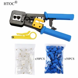 Htoc ez rj45 ferramenta de friso para rj45/rj11 conectores regulares e de passagem final com 50 conectores dos pces 50 pces cobre o descascador de fio