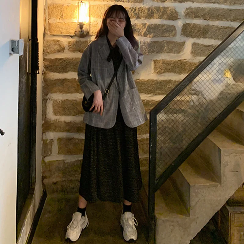 Fox Mrs. осень универсальные тонкие Клетчатый костюм элегантное платье средней длины с длинным рукавом кардиган с длинными рукавами для маленьких девочек; куртка Для женщин