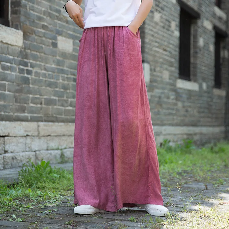 Johnature 2020 Autumn New Full Length Retro Elastic Waist Tie Dye Wide Leg Pants Loose Comfortable All-match Women Lace Up Pants