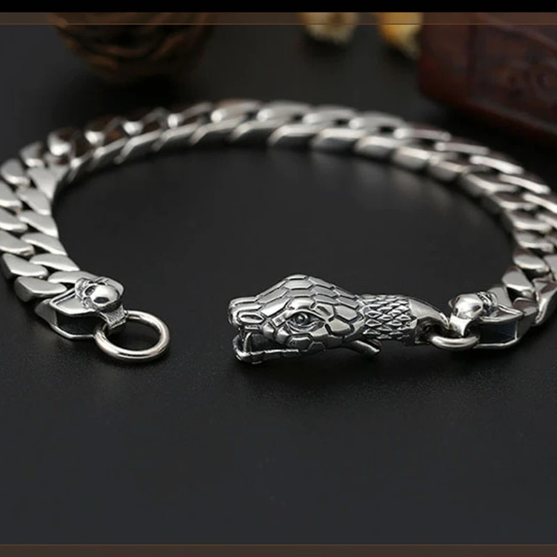 Chain Link Snake head Bracelet For Men Women Lover 8mm Width Solid 925 Sterling Silver Biker Gift Fashion Jewelry