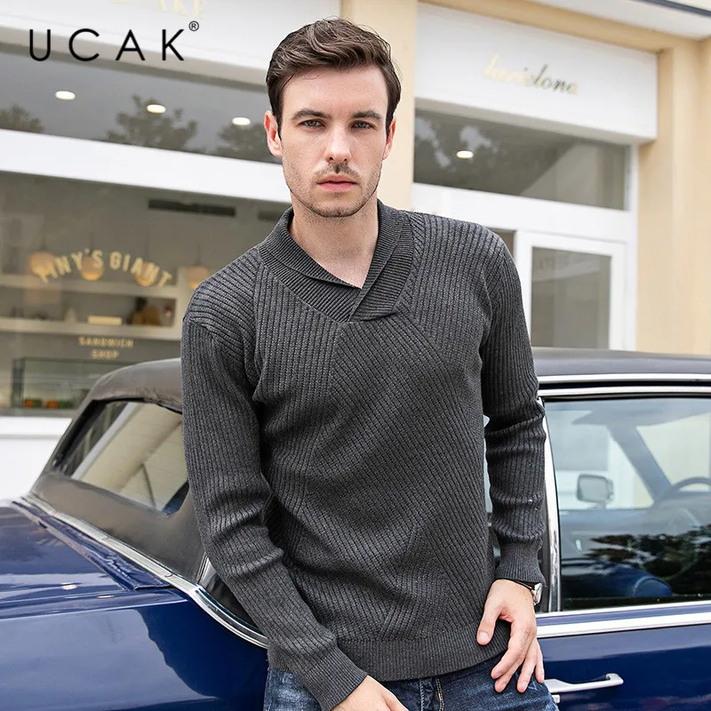 80% OFF UCAK Brand Sweater Men 2019 Winter Autumn Fashion Trend V-Neck Pull Homme Casual Streetwear Striped Tops Pullovers Knit U1026