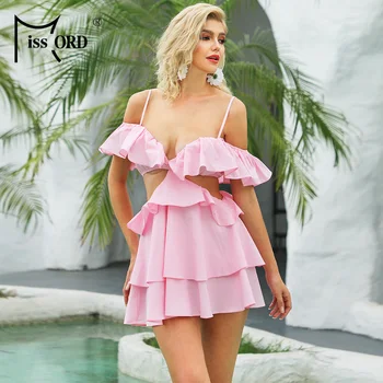 

Missord 2020 Summer Ruffles Spaghetti Strap Off the Shoulder Women Mini Dresses Holiday Solid Color Backless Summer Dress MM1847