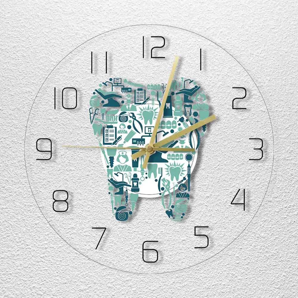 Dentistry Tooth Wall Clock Dental Care Symbols Acrylic Hanging Clock Quiet Movement Wall Watch Dental Department Decor Wall Sign 3