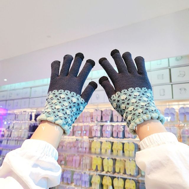 Green Winter Cute Thicken Stretch Touch Screen Gloves Imitation Cashmere Warm Mitten Full Finger Knitted Outdoor Ski Glove