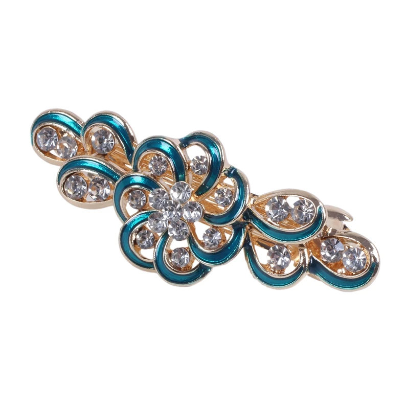 Lady Party Green Flower Design Rhinestone Barrette French Hair Clip