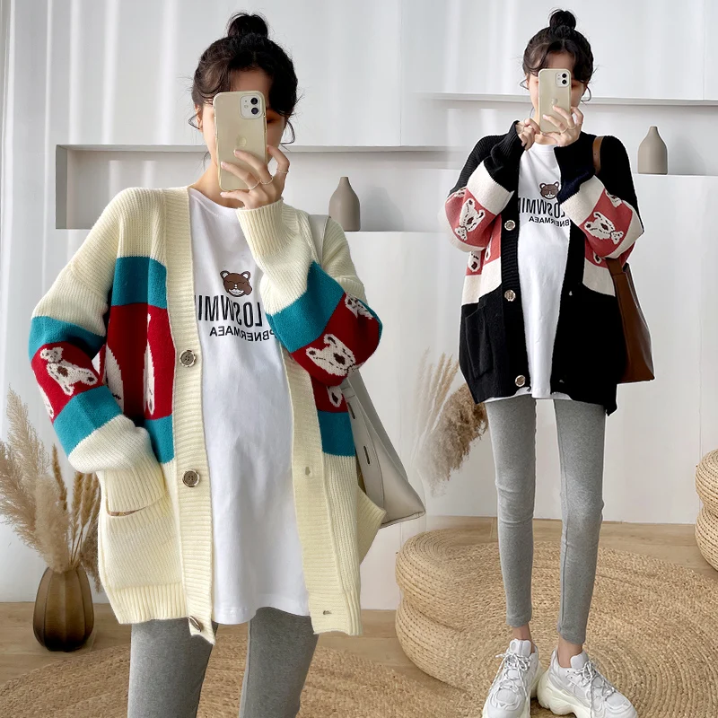 5865# Autumn Winter Korean Fashion Thicken Warm Knitted Maternity Cardigan Loose Chic Ins Sweaters for Pregnant Women Pregnancy