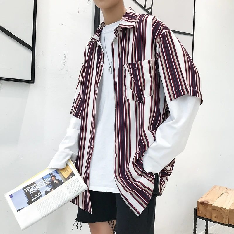 

Summer Striped Shirt Men's Fashion Contrast Color Casual Short-sleeved Shirts Mens Streetwear Loose Society Men Dress Shirt