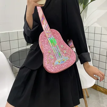 

2020 summer new Guitar look PU Shoulder Bags Fashion Patchwork Zipper Diamonds high-capacity laser Sequin handbag