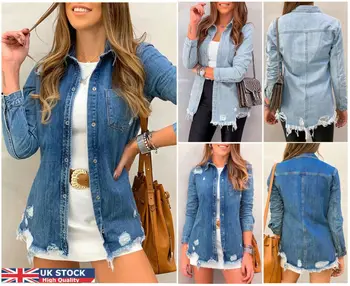 

Women Lady Denim Jacket Jeans Casual Ripped Button Jackets Coat Plus Size S-XL