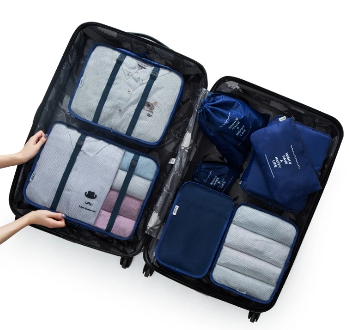 Navy Blue 8 шт./компл. набор дорожных чехлов Оксфорд водонепроницаемая сумка для путешествий куб для упаковки в комплекте Органайзер для багажа сумка с обувной сумкой - Цвет: Navy Blue