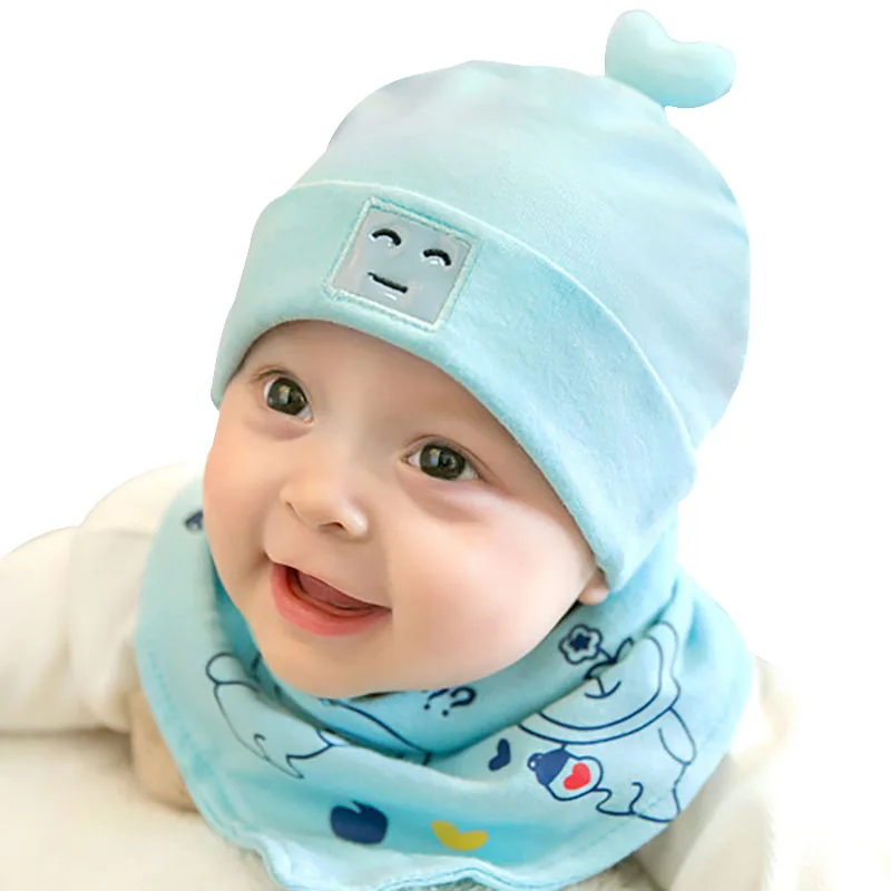Sky Bule Bib Sets Комплект из шапки и шарфа для новорожденных; теплая Милая Шапочка-бини с мультяшным рисунком; шапка с ушками; реквизит для фотосессии; весенне-осенние Аксессуары для мальчика - Цвет: Sky Bule Bib Sets