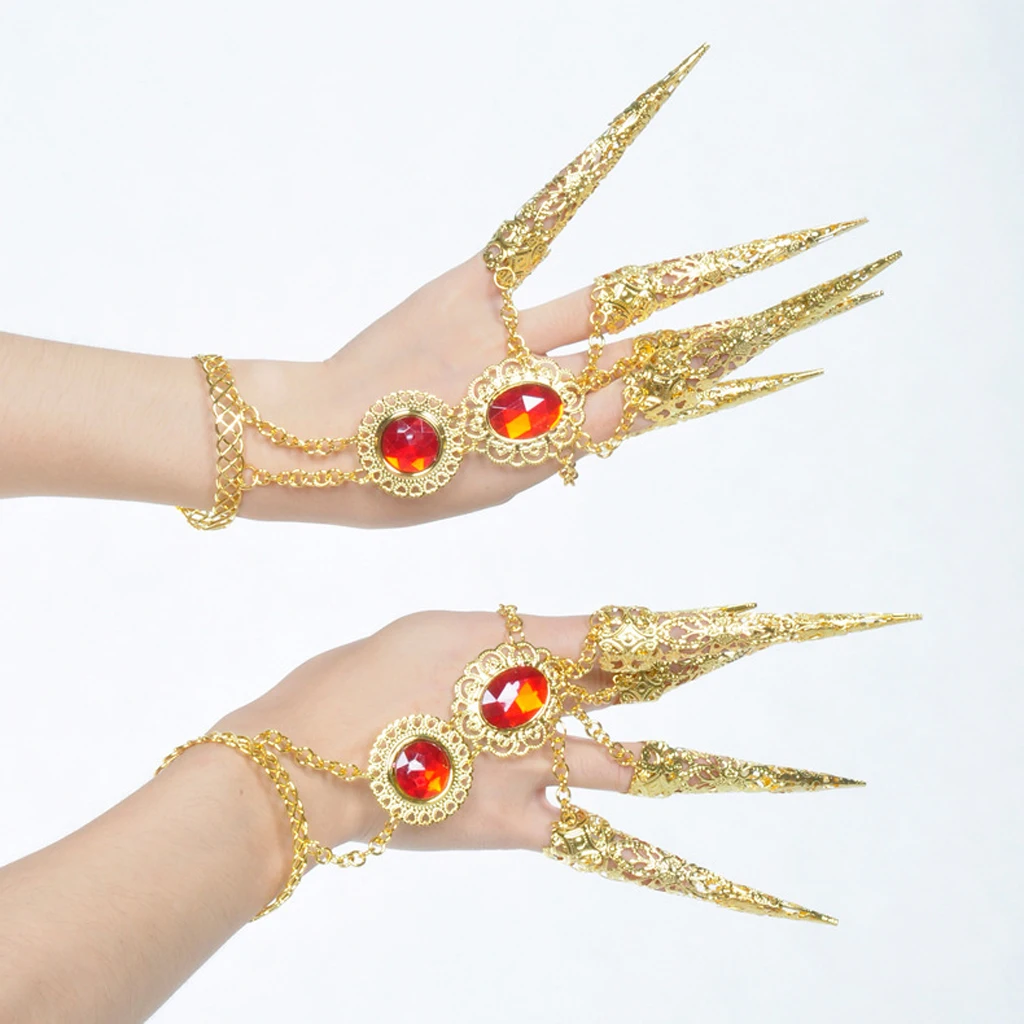 2x Girl Belly Dance Gold Bracelet 5 Finger Nails Thai Costume Hand Jewerlly