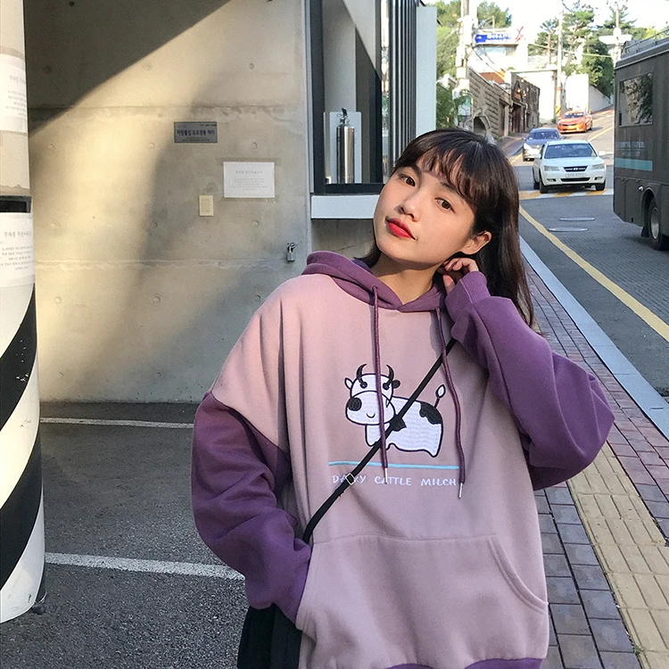 Женские кофты японский Harajuku Ulzzang мультфильм вышивка корова печати Толстовка Женская Корейская Kawaii одежда для женщин