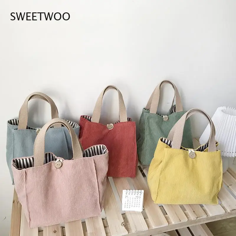 

Women Corduroy Canvas Lunch Box Small Cotton Picnic Bag Dinner Container Food Storage Bags