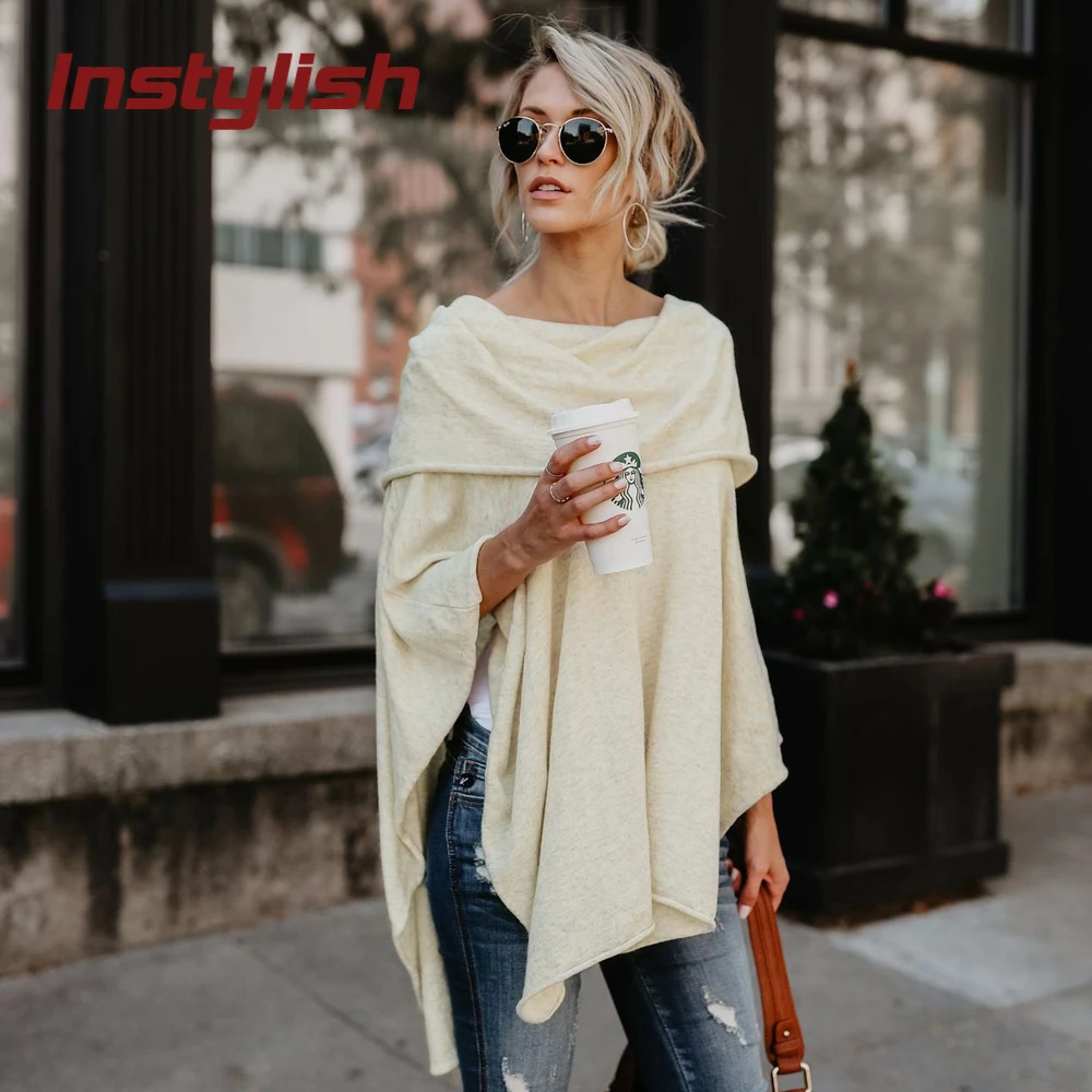 

Instylish Women Fashion Autumn Cloak Sweater Casual Solid Off Shoulder Slash Neck Batwing Sleeve Sweater Loose Pullover Jumper