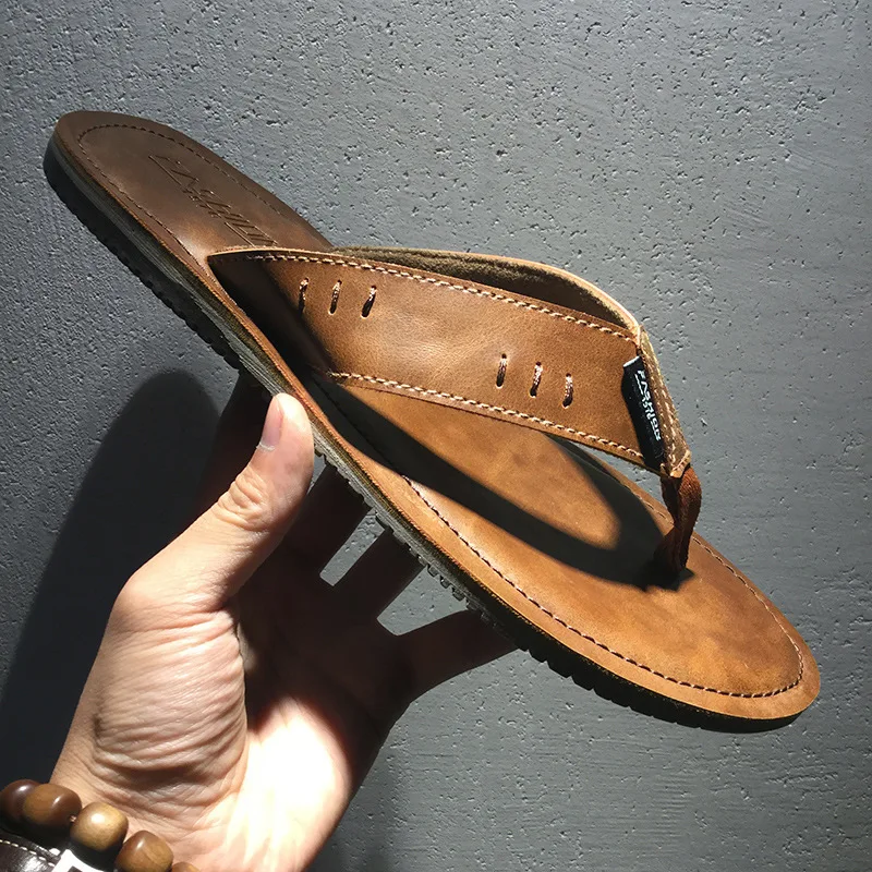 

2019 New Style Horse Leather Flip-flops Retro Casual Trend Summer Slipper Men's Versatile Fashion Men Slippers