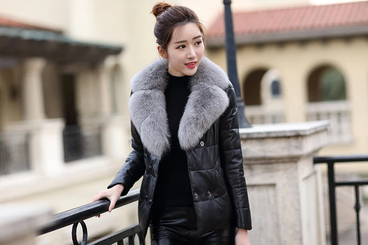 AYUNSUE/ Женская куртка из натуральной кожи с большим лисьим меховым воротником, зимняя овчина, корейские короткие женские кожаные куртки 066