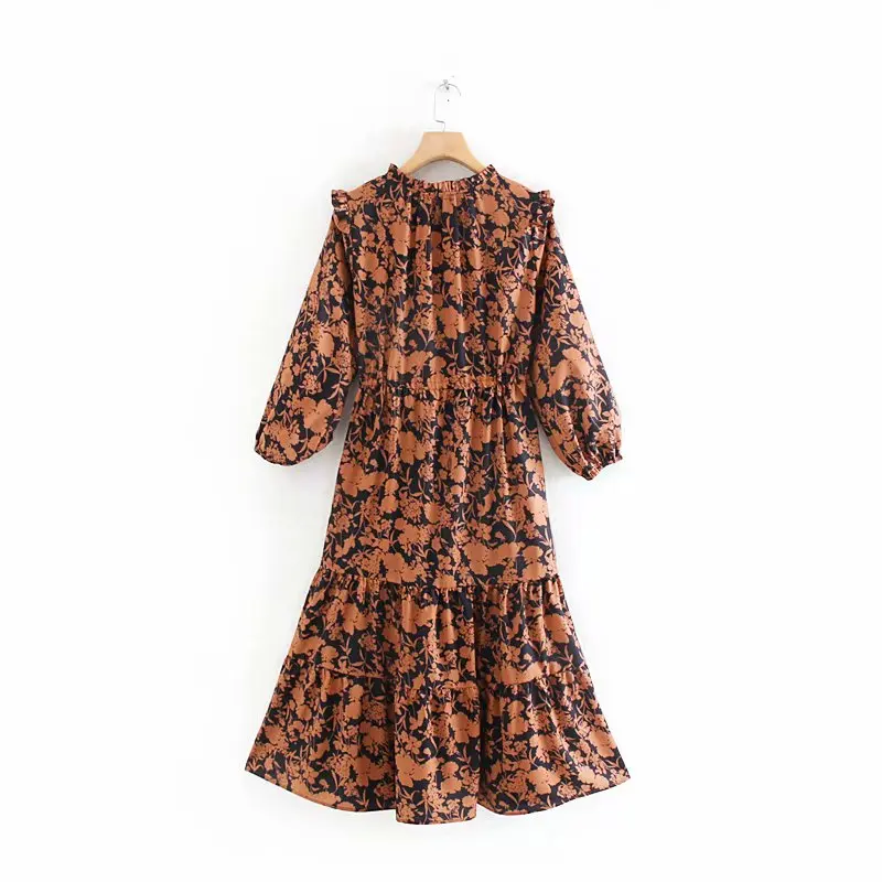 Koop Vrouwen elegante ruches kraag afdrukken shirtdress herfst lady agaric kant ruches vestidos lace up party een lijn Jurken DS3040