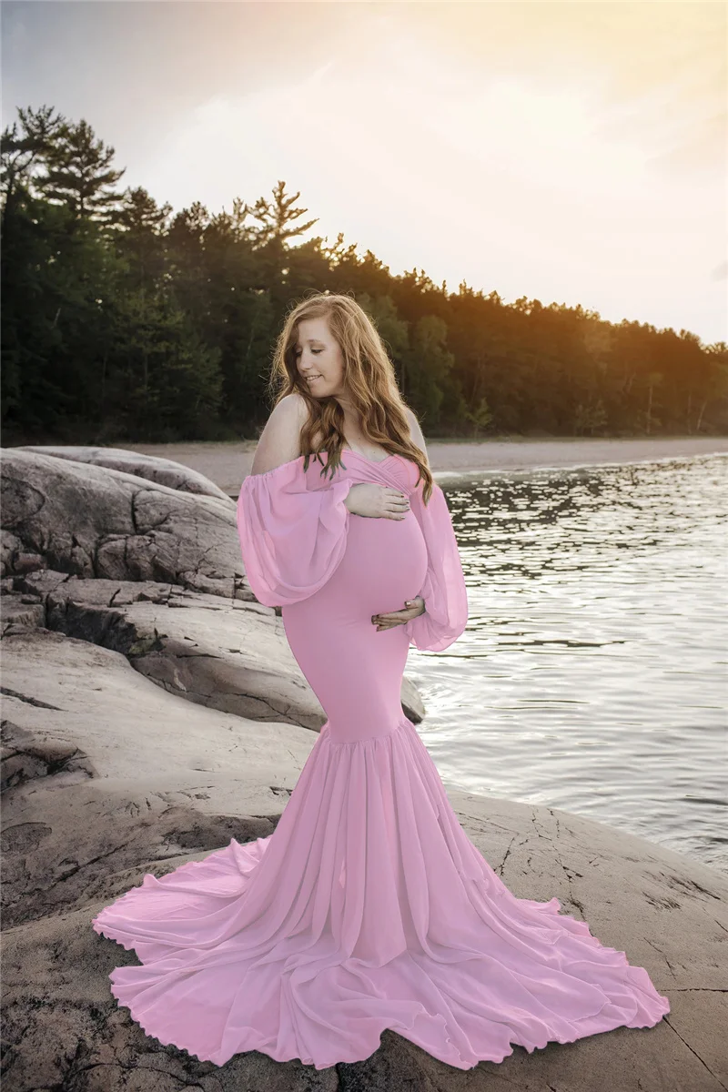Pregnant Women Dress Sexy Shoulderless Maternity Dresses Photoshoot Ruffles Pregnancy Maxi Gown Photography Props Mermaid Dress