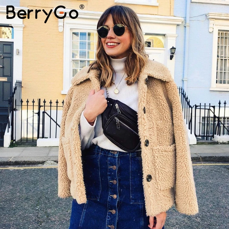 BerryGo Элегантное зимнее пальто из искусственного меха женская мягкая Осенняя розовая куртка теплые пальто повседневная верхняя одежда с длинным рукавом женские куртки