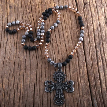 

RH Fashion Boho Jewelry Natural Stones And Glass With Metai Flower Bird Cross Pendant Necklaces Women Bohemia Necklace Dropship