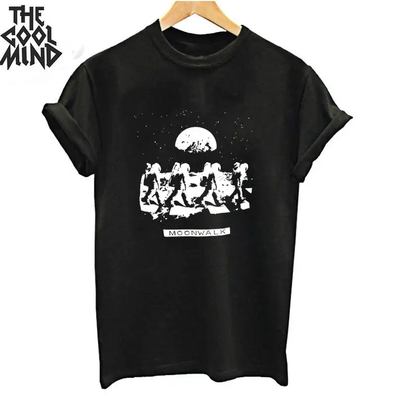 COOLMIND/Высококачественная Хлопковая женская футболка с коротким рукавом и принтом Луны, летняя Свободная Женская футболка, крутая футболка с круглым вырезом, женская футболка - Цвет: MO0134ZCM-BLK