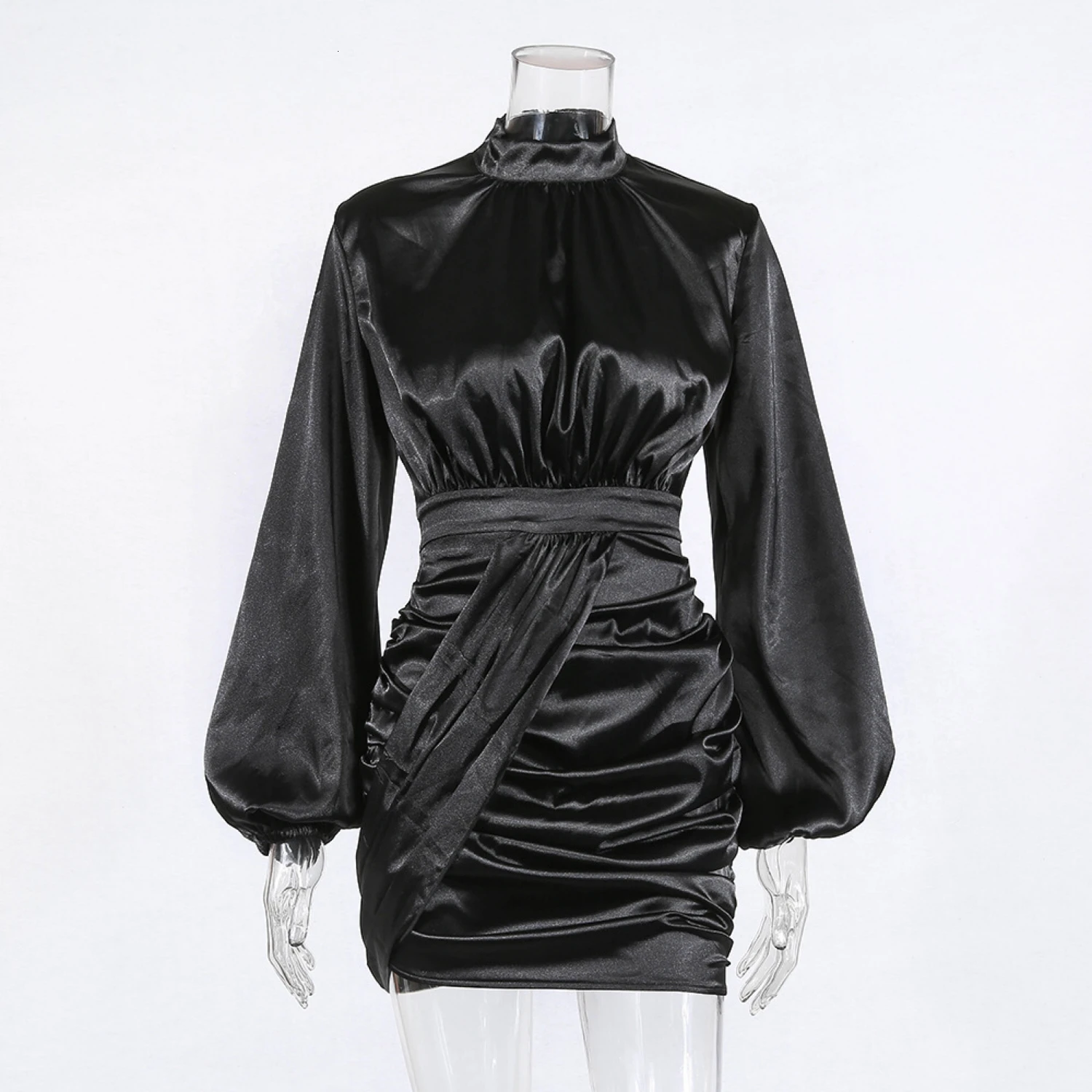 LIJS, винтажное облегающее черное платье, для женщин, Осень-зима, элегантное, водолазка, фонарь, длинный рукав, тонкое, сексуальное, вечерние, короткое платье