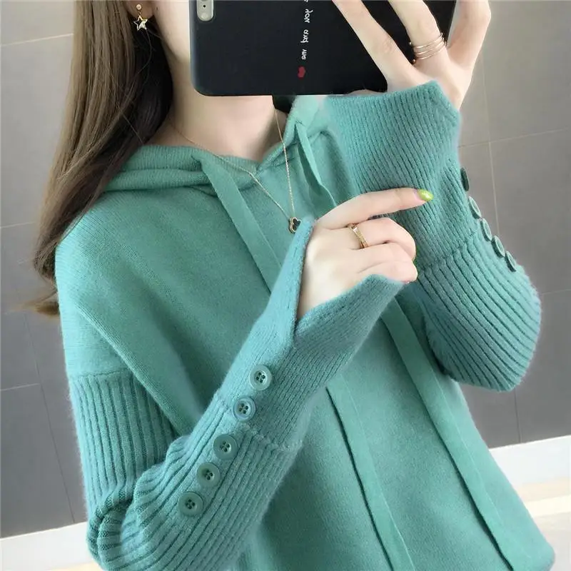 Casual Hooded Sweater 2019 New Autumn Winter Korean Style Women Loose Solid Button Knitwear Female Pullover Sweater Sueter