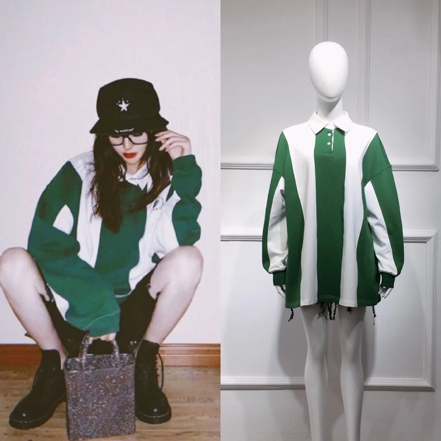 

2020 Spring Summer Women Green White Vertical Striped Top Lapel Print Logo Loose Color-blocking Sweatshirt Hoodie A2