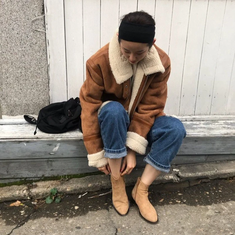 SHENGPALAE Ins зимнее пальто с отложным воротником, с длинным рукавом, с разрезом, имитация овечьей шерсти, кардиган, короткое Свободное пальто FV416
